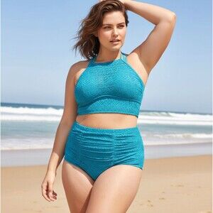 Torrid Crochet Bikini Set 2X Blue High Neck Wireless Top High Rise Ruched Bottom